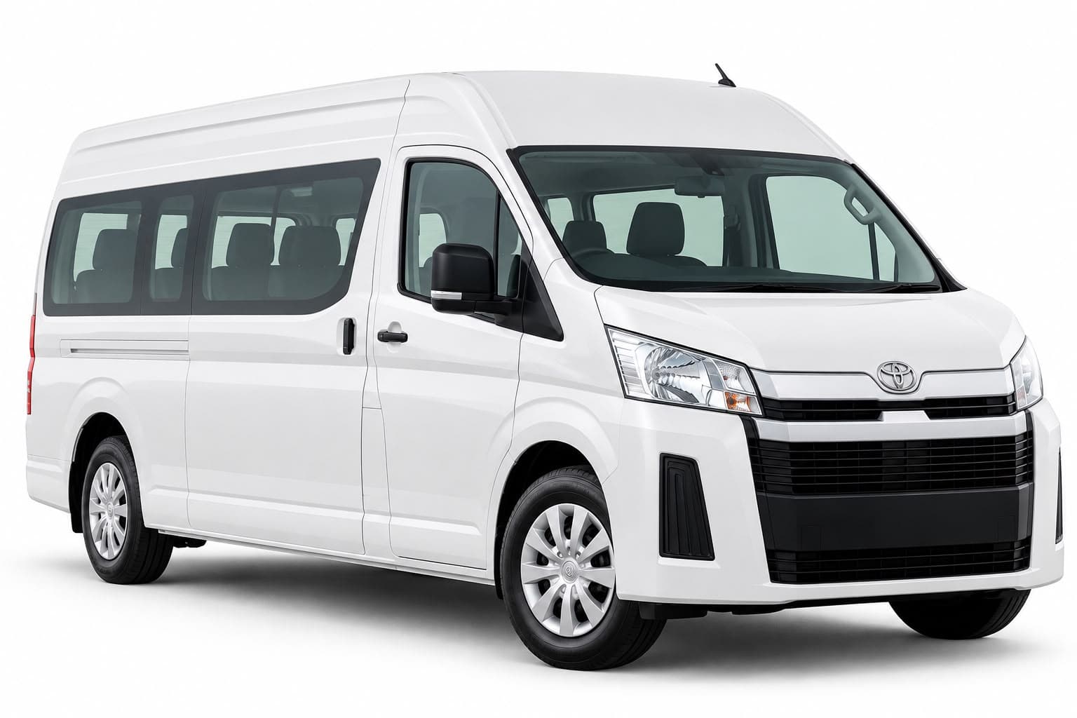 A white high-roof Toyota HiAce Commuter minibus, seen from the front corner on a plain white background