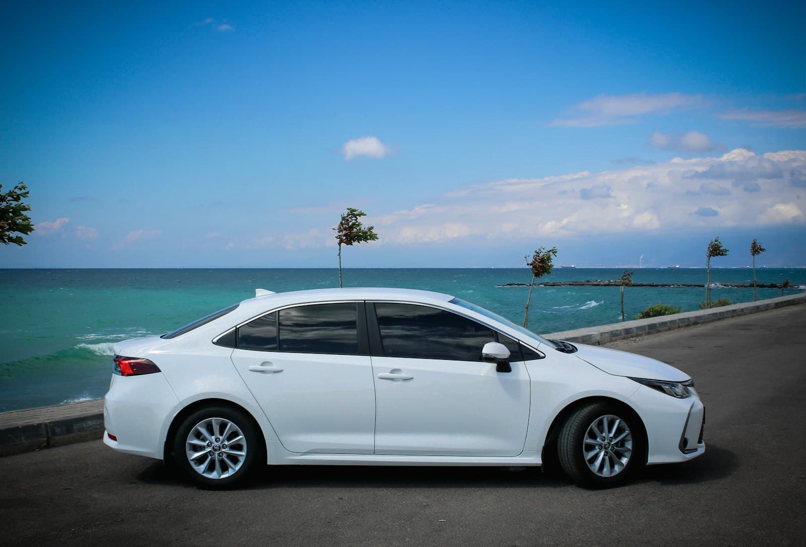 A white Toyota sedan parked on a coastal road beside the water
